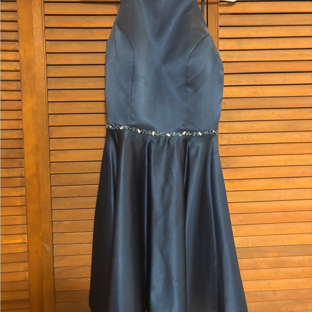 Elegant Navy Halter Dress with Beaded Waist